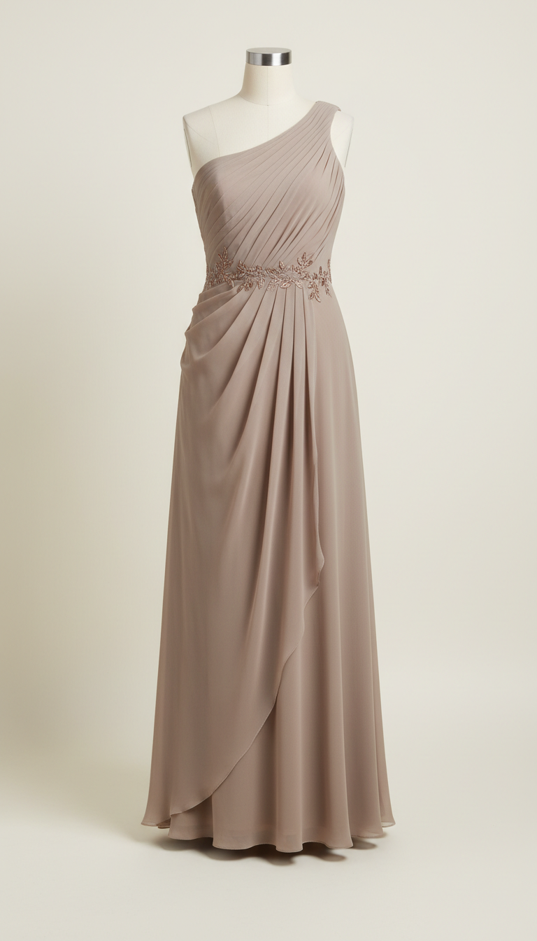 Soft Taupe Draped Chiffon Evening Dress